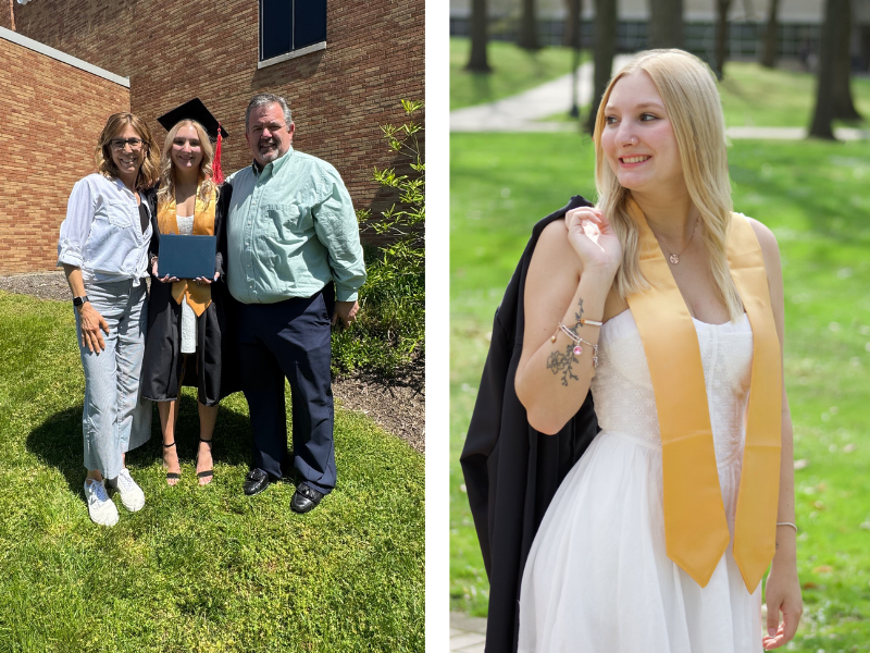 Left: A young woman in a graduation cap and gown holds a diploma while standing outside with two adults, all smiling. Right: The same woman in a white dress and gold stole smiles, holding her gown over her shoulder in a grassy area.