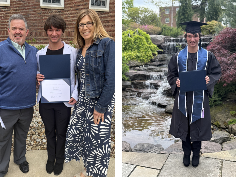 Two side-by-side photos: On the left, a young man holding a certificate stands with two adults. On the right, he wears a graduation cap and gown, holding a diploma in front of a garden waterfall.