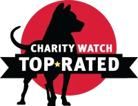 A black silhouette of a dog stands in front of a red circle with the words Charity Watch Top-Rated in bold white and black letters across the center.