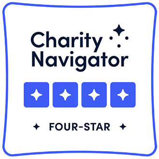 Charity Navigator four-star badge featuring four blue stars and the text Charity Navigator Four-Star on a white background with a blue border.