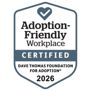A badge with a heart and checkmark at the top, reading Adoption-Friendly Workplace Certified, Dave Thomas Foundation for Adoption, 2026.
