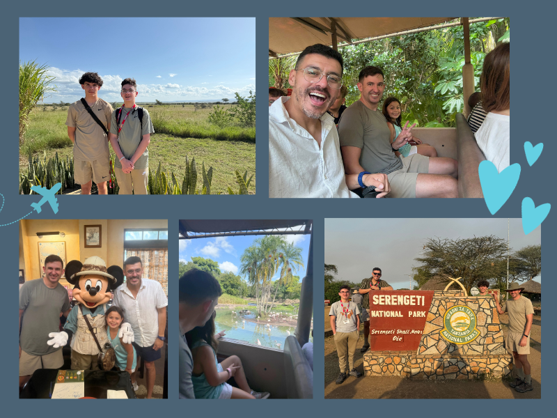 A collage of six photos showing two men and a young girl on safari, meeting a mascot, and posing by a Serengeti National Park sign, with blue heart and plane graphics on a blue background.