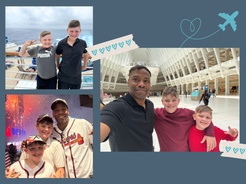 A collage of three photos: two boys smiling by the ocean, the boys and a man at a modern indoor location, and all three at a baseball stadium; blue background with hearts and an airplane graphic.