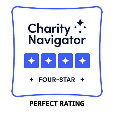 Charity Navigator badge showing a four-star rating with blue stars and the words Four-Star and Perfect Rating below.