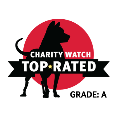 A black dog silhouette stands in front of a red circle with CharityWatch Top-Rated written across a black banner. The text Grade: A appears in bold on the right side.