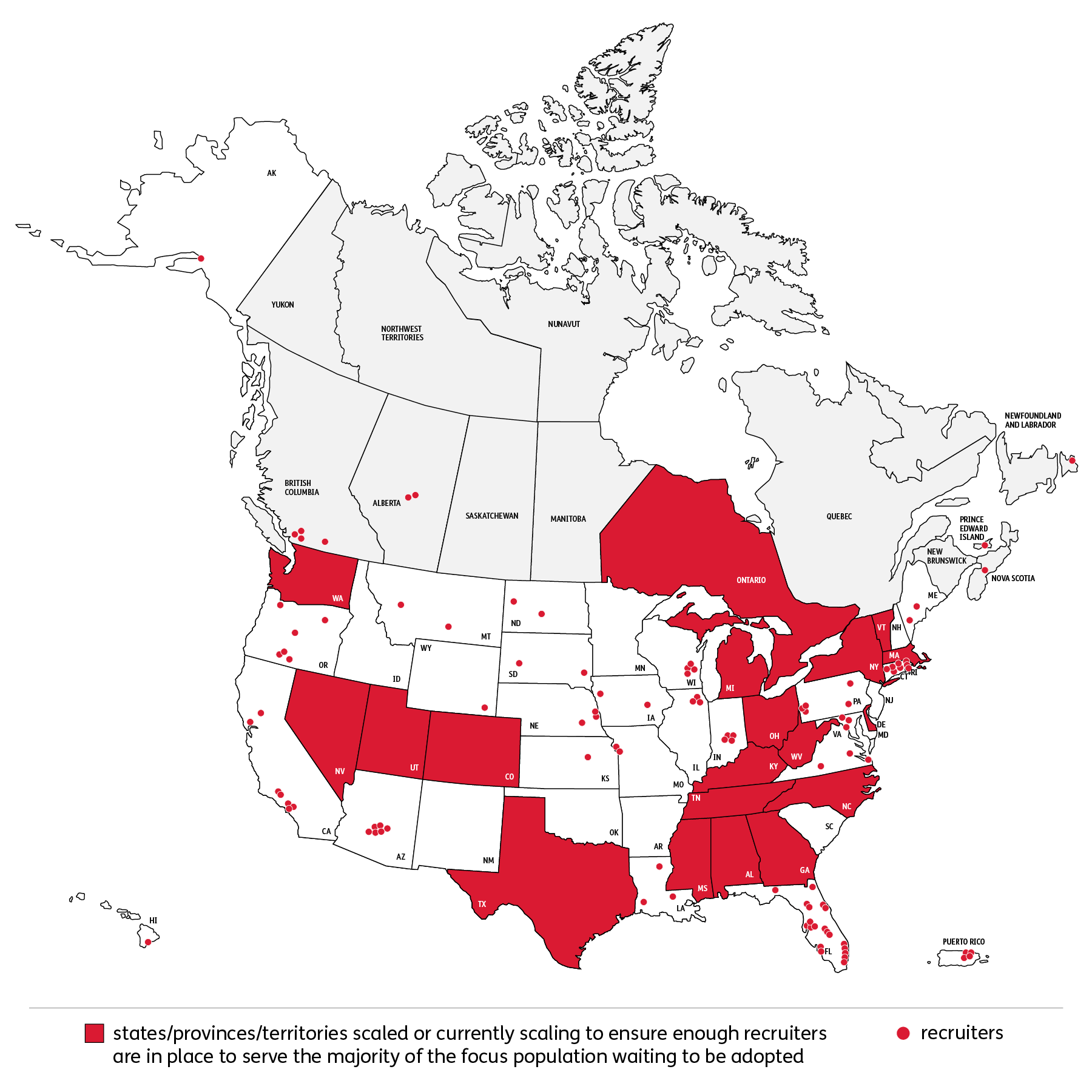 A map of the US and Canada highlights certain states and provinces in red, indicating areas with enough recruiters to support adoptions. Red dots across the map mark recruiter locations. A legend explains the color and dot meanings.