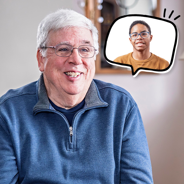 An older man with gray hair and glasses smiles while sitting indoors. A thought bubble next to him shows his son.