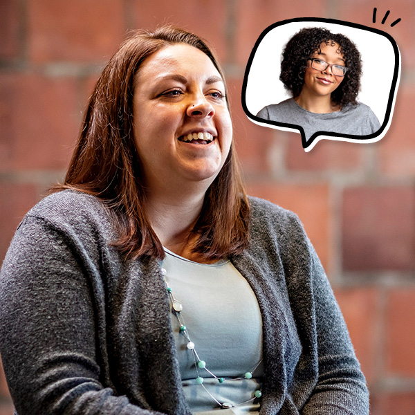 A woman with brown hair smiles while sitting indoors; a thought bubble above her shows her daughter.