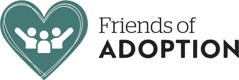 A teal heart with three stylized people inside next to the text Friends of Adoption in bold and regular fonts.