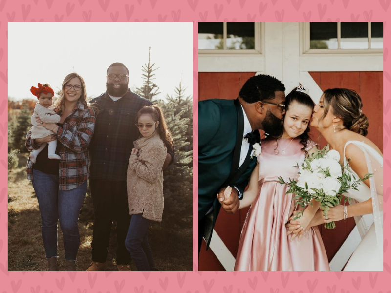 A collage with a pink heart border. On the left, a smiling family of four stands outdoors; on the right, a couple in wedding attire kisses a young girl on the cheeks in front of a red building.