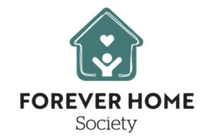 Teal house outline with a heart and a person inside, representing care. Below, bold text reads FOREVER HOME and smaller text underneath says Society.