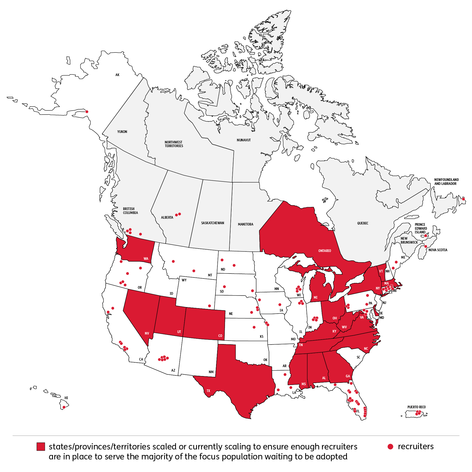 A map of the US and Canada highlights certain states and provinces in red, indicating areas with enough recruiters to support adoptions. Red dots across the map mark recruiter locations. A legend explains the color and dot meanings.