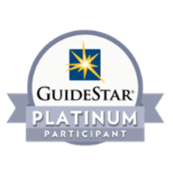 GuideStar Platinum Participant badge featuring a blue and yellow star logo above the words GuideStar PLATINUM PARTICIPANT on a silver and gray ribbon background.