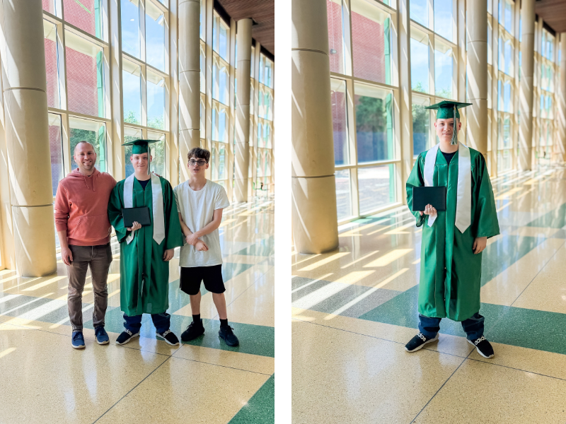 Two photos: Left, three people stand together indoors, one in a green graduation gown. Right, the graduate stands alone, holding a diploma, in the same sunlit hallway with tall windows and green tile accents.