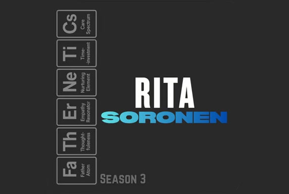 Dark graphic with periodic table-style boxes listing traits like Empathy, Nurturing, and Clear Spectrum. Large text reads RITA SORONEN with Season 3 below.
