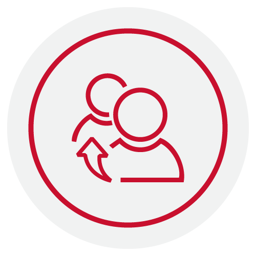 Red outline of two people, one behind the other, with an arrow pointing from the front person to the back person, all inside a red circle on a white background.