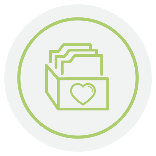 A green line drawing of a box with three folders inside and a heart symbol on the front, all enclosed in a green circle on a light background.