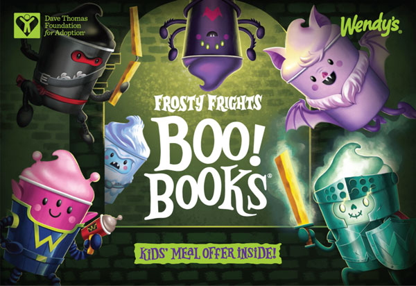 Six cute, Halloween-themed characters surround the words Frosty Frights Boo! Books with Wendys and Dave Thomas Foundation logos; colorful treats are dressed in costumes holding glowing swords.