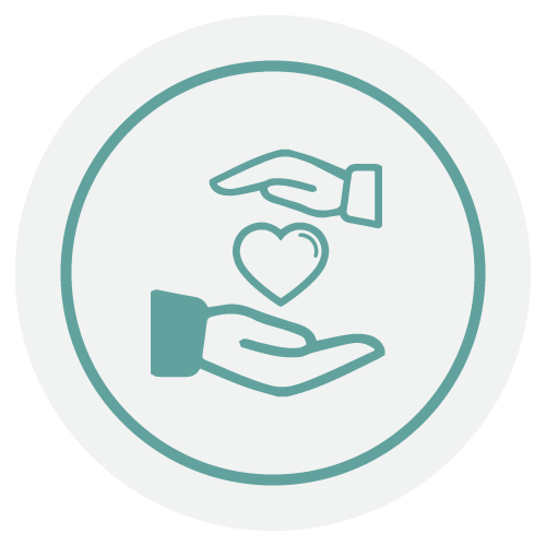Two hands, one above and one below, surround a heart inside a circle, symbolizing care, protection, or support.