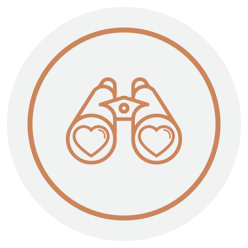 Simple line drawing of binoculars inside a circle, with hearts in the lenses and an eye symbol above the center, all in a light brown color on a white background.