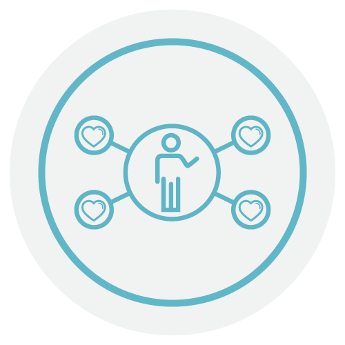 A blue icon of a person in a circle, connected by lines to four smaller circles with heart symbols, representing social connections or support.