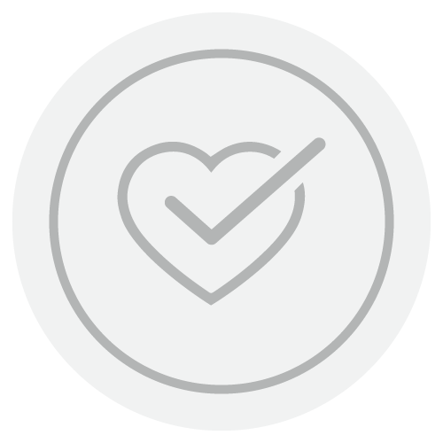 A gray outline of a heart with a check mark inside, enclosed in a circle, on a light background.