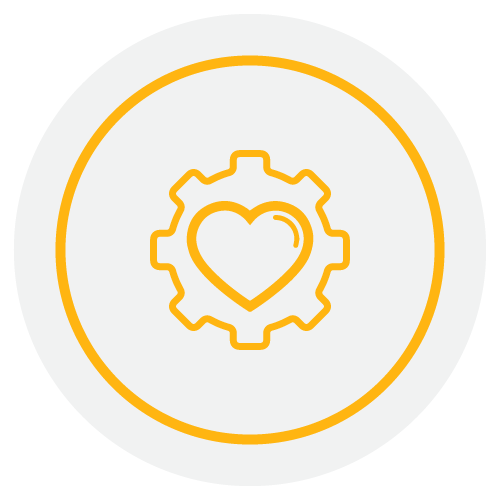 Yellow outline of a heart inside a gear, all enclosed in a yellow circle on a light gray background.