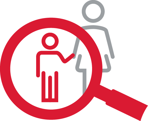 A red magnifying glass highlights a simplified person icon in red, with a larger gray person icon in the background.