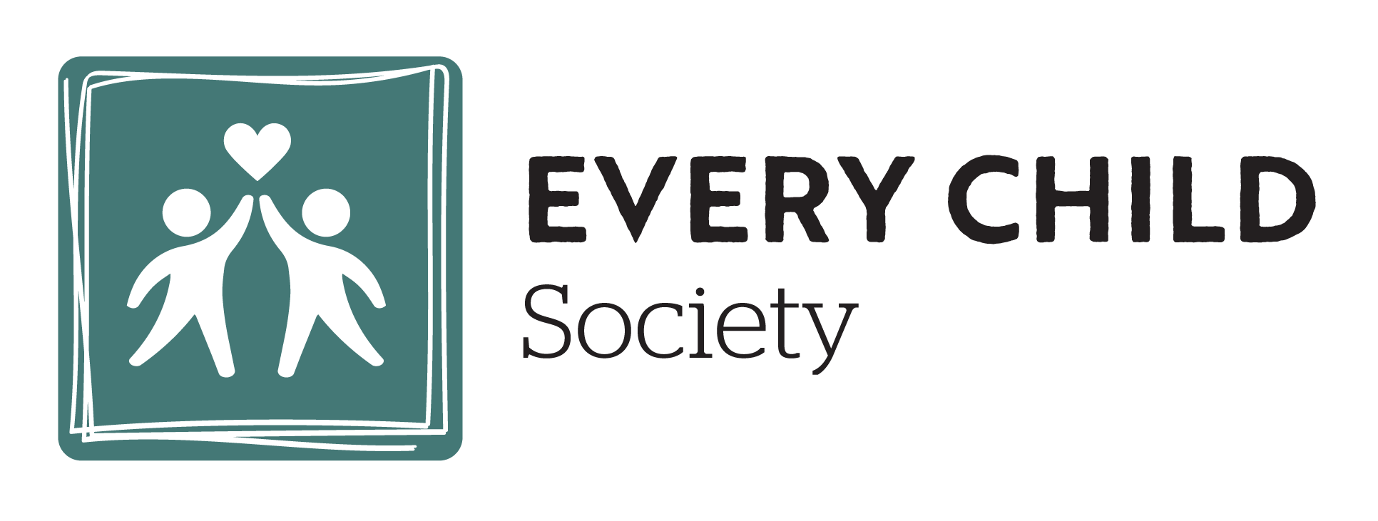 A logo with two stylized figures reaching toward a heart, next to the text EVERY CHILD Society. The figures are inside a green square with rounded corners and a hand-drawn border.