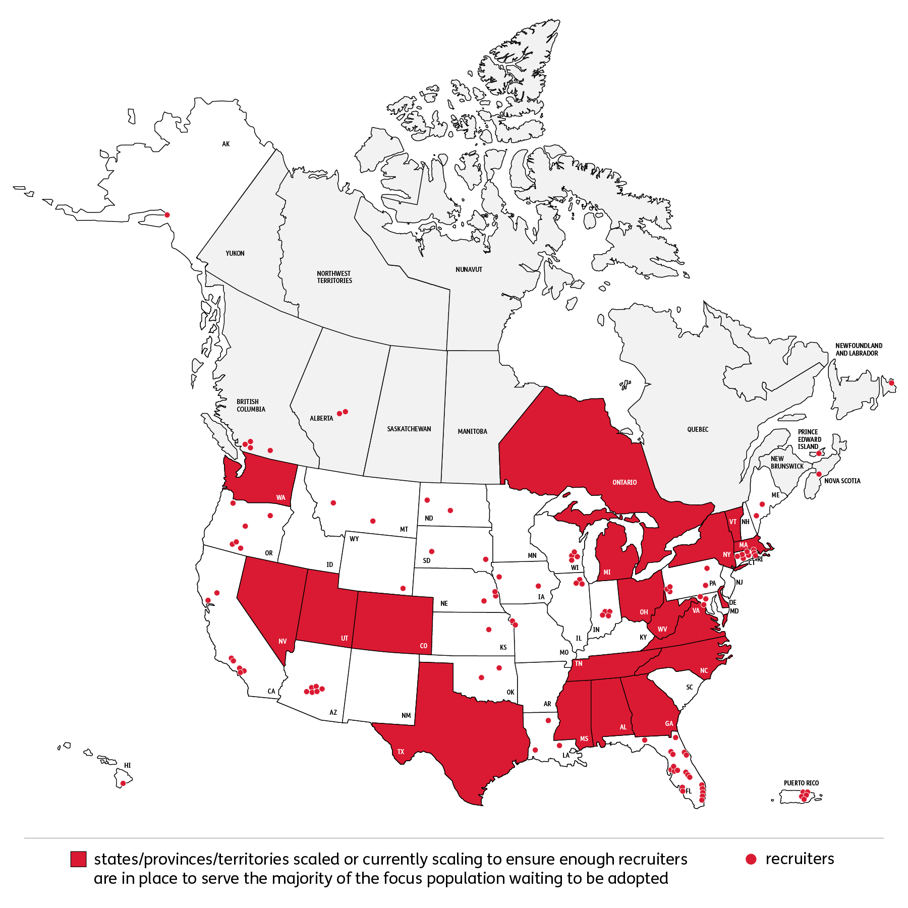 A map of the US and Canada highlights certain states and provinces in red, indicating areas with enough recruiters to support adoptions. Red dots across the map mark recruiter locations. A legend explains the color and dot meanings.