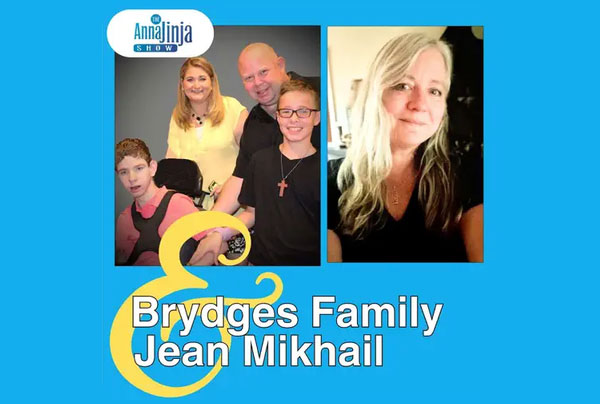 A family of four sits together, smiling, next to a separate photo of a woman with long gray hair. Text reads: Brydges Family & Jean Mikhail. Anna Jinja Show. Blue background.