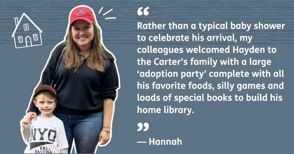 A woman wearing a red hat stands with a smiling young boy. A quote beside them describes a unique adoption party with favorite foods, games, and books instead of a baby shower. A simple house doodle is in the top left corner.