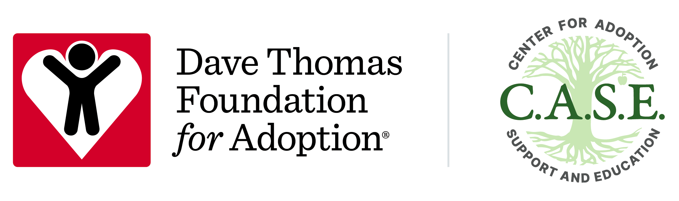 Dave Thomas Foundation for Adoption logo next to the CASE (Center for Adoption Support and Education) logo featuring a green tree and circular text.