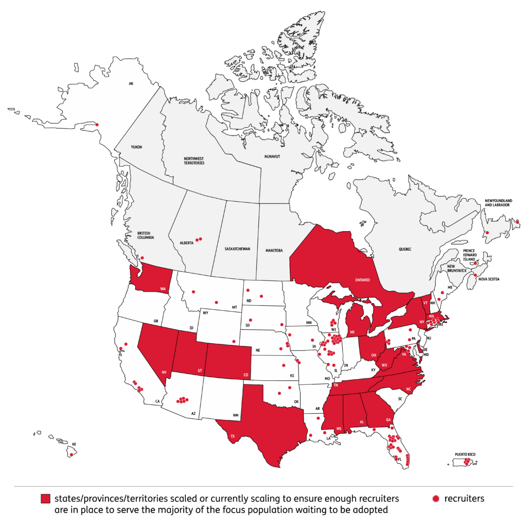 A map of the US and Canada highlights certain states and provinces in red, indicating areas with enough recruiters to support adoptions. Red dots across the map mark recruiter locations. A legend explains the color and dot meanings.